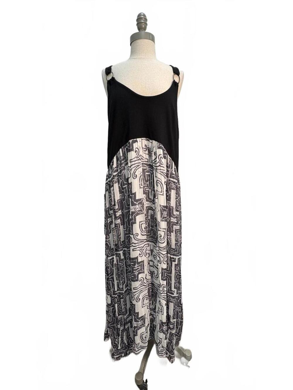 Anthropologie Black and White Patterned Maxi Dress with Ring Strap Detail Size M